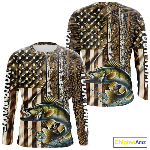 Custom Patriotic Camouflage American Flag Fishing Rod Walleye Long Sleeve Fishing Shirts IPHW9219