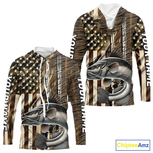Custom Patriotic Camouflage American Flag Fishing Rod Catfish Long Sleeve Hooded Fishing Shirts IPHW9220