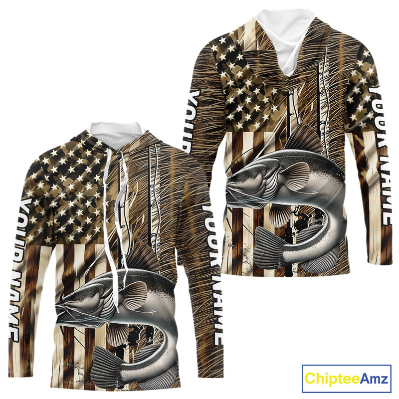 Custom Patriotic Camouflage American Flag Fishing Rod Catfish Long Sleeve Hooded Fishing Shirts IPHW9220