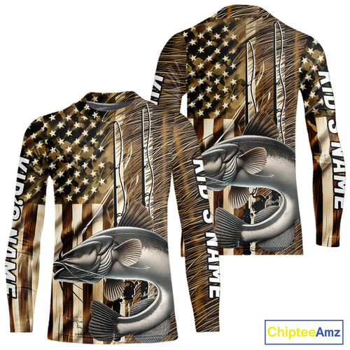 Custom Patriotic Camouflage American Flag Fishing Rod Catfish Kid Long Sleeve Fishing Shirts IPHW9220