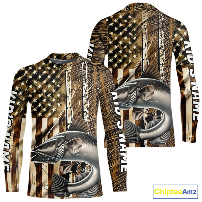 Custom Patriotic Camouflage American Flag Fishing Rod Catfish Kid Long Sleeve Fishing Shirts IPHW9220