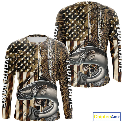 Custom Patriotic Camouflage American Flag Fishing Rod Catfish Long Sleeve Fishing Shirts IPHW9220