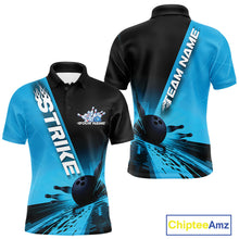 Load image into Gallery viewer, Custom Black And Blue Strike Bowling Polo Shirts For Men, Bowling Team Uniform IPHW9552