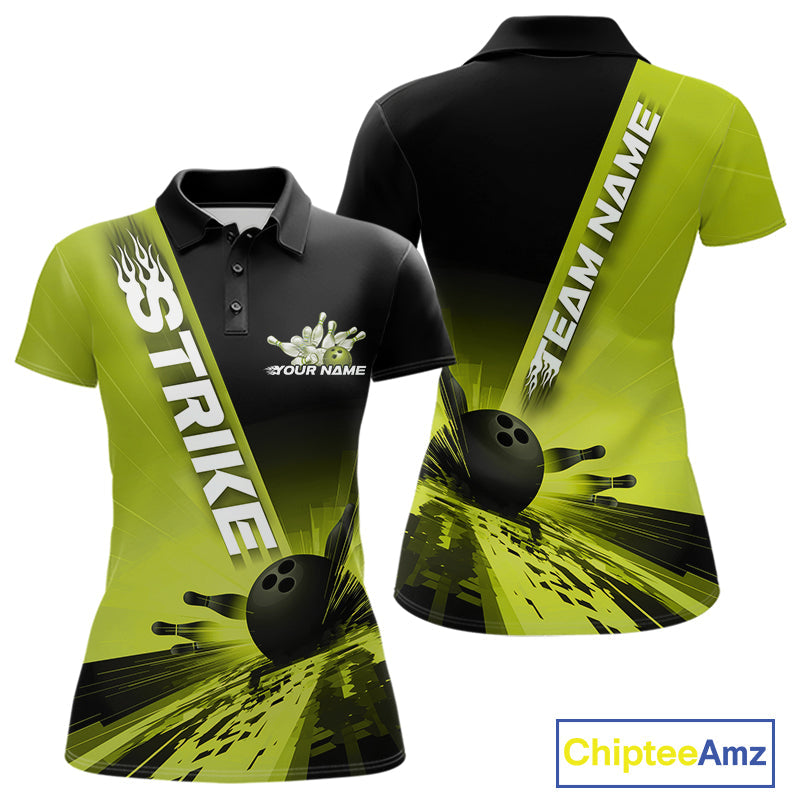 Custom Black And Green Strike Bowling Polo Shirts For Women, Bowling Team Uniform IPHW9553
