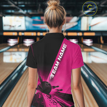 Load image into Gallery viewer, Custom Black And Pink Strike Bowling Polo Shirts For Women, Bowling Team Uniform IPHW9554