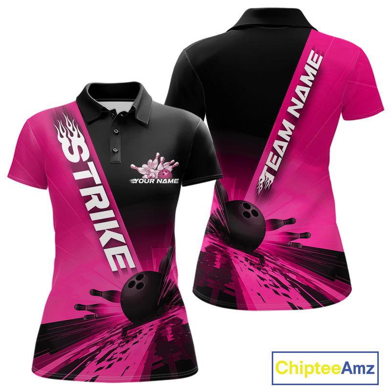 Custom Black And Pink Strike Bowling Polo Shirts For Women, Bowling Team Uniform IPHW9554
