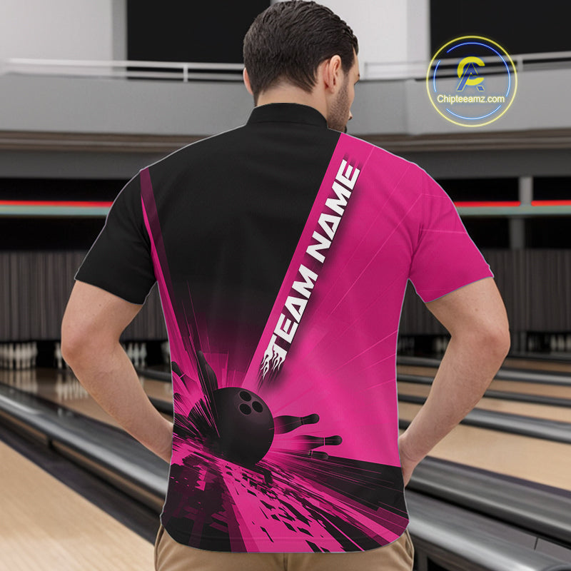 Custom Black And Pink Strike Bowling Quarter-Zip Shirts For Men, Bowling Team Uniform IPHW9554