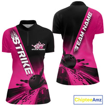 Load image into Gallery viewer, Custom Black And Pink Strike Bowling Quarter-Zip Shirts For Women, Bowling Team Uniform IPHW9554