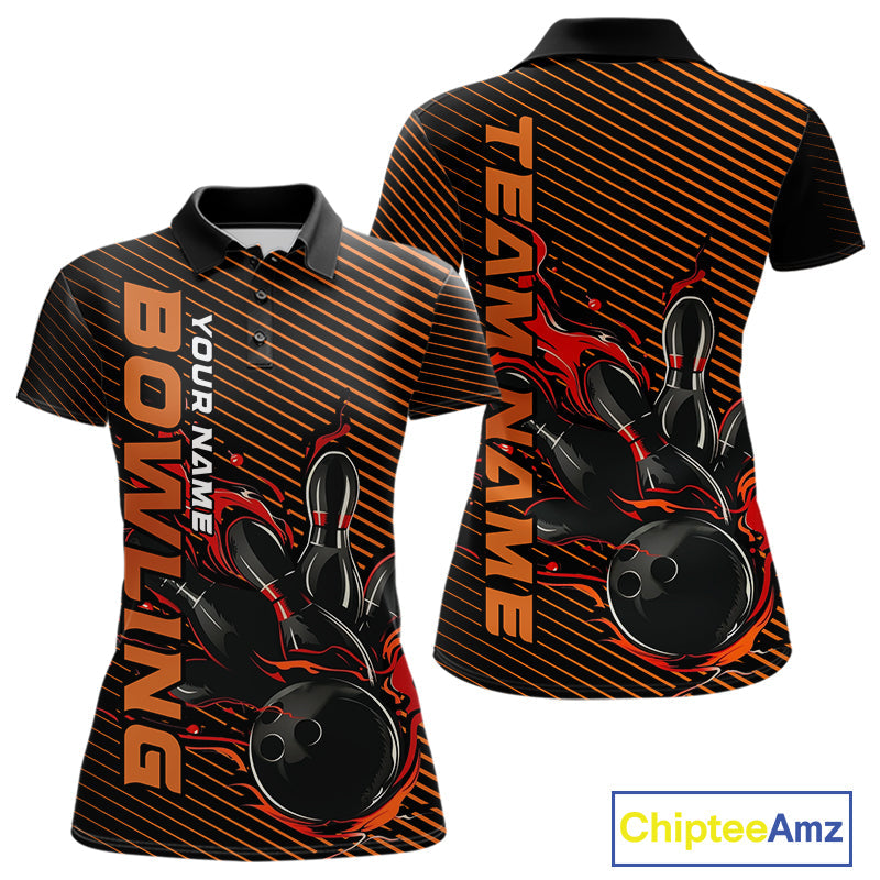 Custom Red Orange Flame Bowling Polo Shirts For Women, Bowling Tournament Team Shirt IPHW9403