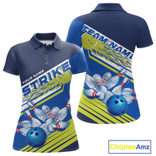 Load image into Gallery viewer, Custom Blue And Green Flame Strike Bowling Team Women Polo Shirts, Bowling Jerseys IPHW9404