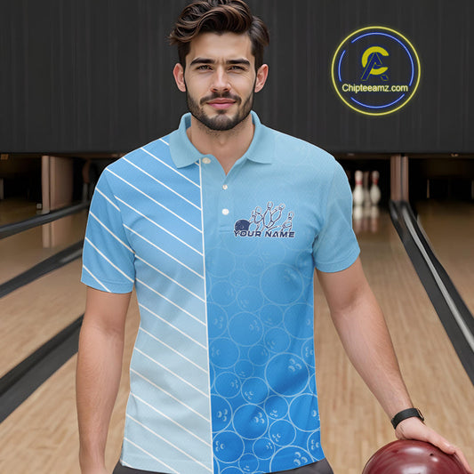 Custom Gradient Blue Bowling Pattern Team Polo Shirts For Men, Bowling Tournament Shirt IPHW9406