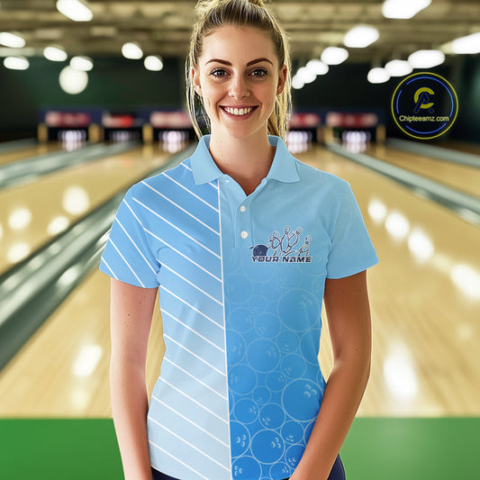 Custom Gradient Blue Bowling Pattern Team Polo Shirts For Women, Bowling Tournament Shirt IPHW9406