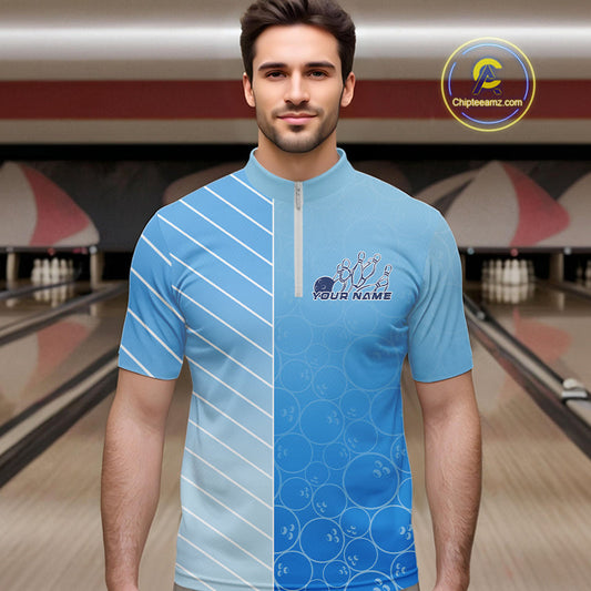 Custom Gradient Blue Bowling Pattern Team Quarter-Zip Shirts For Men, Bowling Tournament Shirt IPHW9406