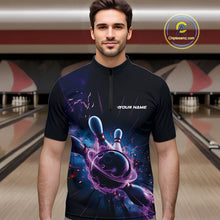 Load image into Gallery viewer, Custom Galaxy Blue And Purple Flame Bowling Men Quarter-Zip Shirt , Bowling League Team Uniform IPHW9568