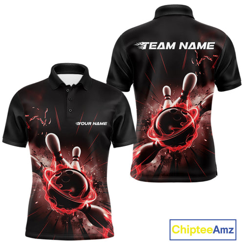 Custom Galaxy Red Flame Bowling Polo Shirt For Men, Bowling League Team Uniform IPHW9569