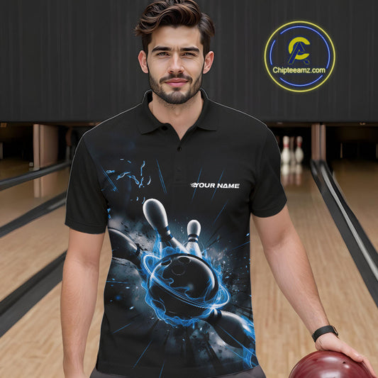 Custom Galaxy Blue Flame Bowling Polo Shirt For Men, Bowling League Team Uniform IPHW9570