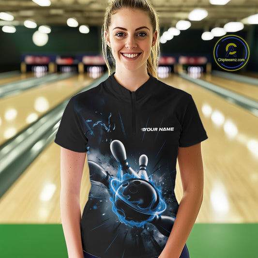 Custom Galaxy Blue Flame Bowling Quarter-Zip Shirt For Women, Bowling League Team Uniform IPHW9570
