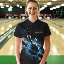 Load image into Gallery viewer, Custom Galaxy Blue Flame Bowling Quarter-Zip Shirt For Women, Bowling League Team Uniform IPHW9570
