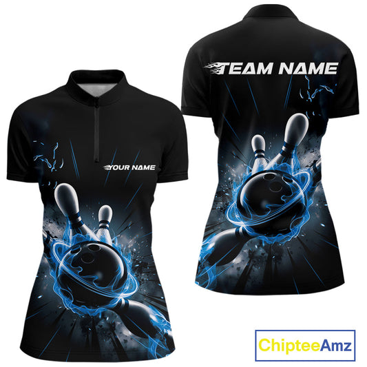 Custom Galaxy Blue Flame Bowling Quarter-Zip Shirt For Women, Bowling League Team Uniform IPHW9570
