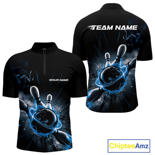 Custom Galaxy Blue Flame Bowling Quarter-Zip Shirt For Men, Bowling League Team Uniform IPHW9570