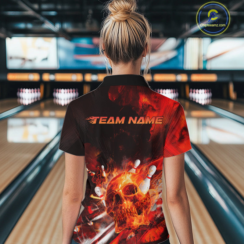 Custom Fire Flame Skull Bowling Quarter-Zip Shirts For Women, Halloween Bowling Outfits IPHW9579