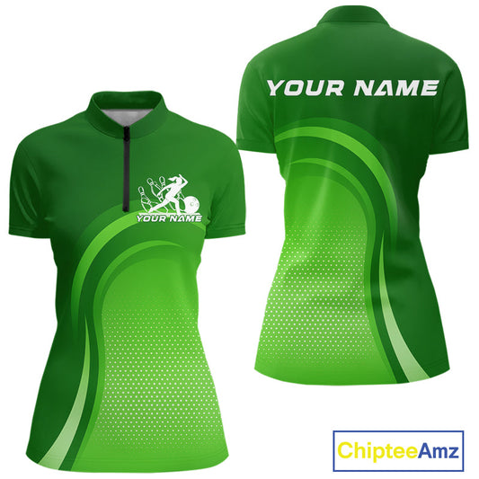 Custom Green Bowling Team Women Quarter-Zip Shirt, Tournament Bowling League Shirt IPHW9238