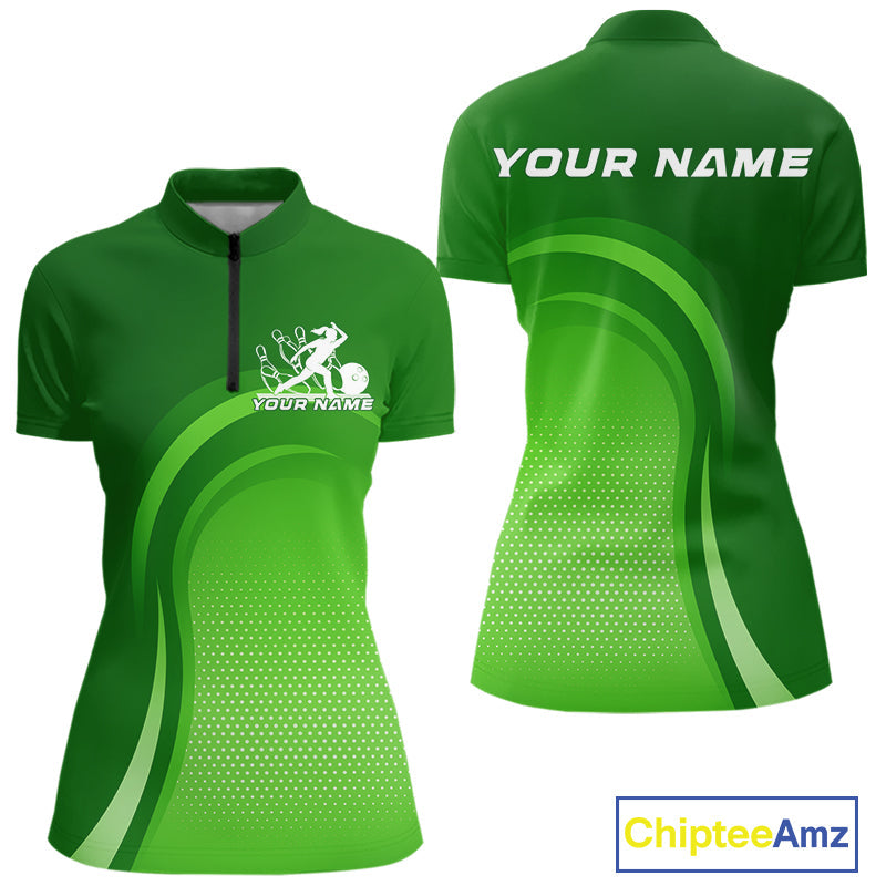 Custom Green Bowling Team Women Quarter-Zip Shirt, Tournament Bowling League Shirt IPHW9238
