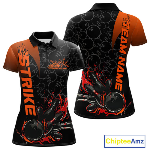 Custom Bowling Pattern Red Flame Strike Bowling Team Women Polo Shirts, Bowling Jerseys IPHW9415