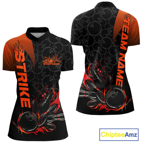Custom Bowling Pattern Red Flame Strike Bowling Team Women Quarter-Zip Shirts IPHW9415