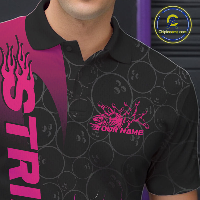 Custom Bowling Pattern Pink Flame Strike Bowling Team Men Polo Shirts, Bowling Jerseys IPHW9417