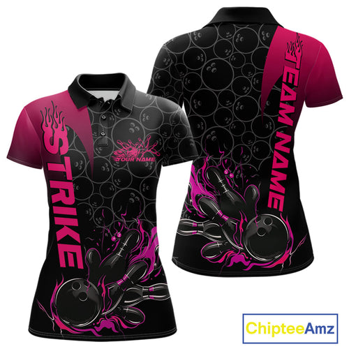 Custom Bowling Pattern Pink Flame Strike Bowling Team Women Polo Shirts, Bowling Jerseys IPHW9417