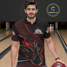 Load image into Gallery viewer, Custom Black And Red Fire Flame Bowling Team Men Polo Shirts, Bowling Jerseys IPHW9418