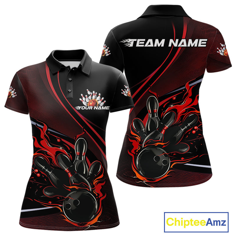 Custom Black And Red Fire Flame Bowling Team Women Polo Shirts, Bowling Jerseys IPHW9418