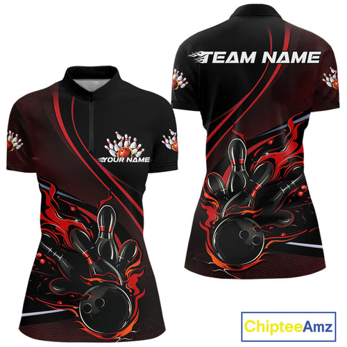 Custom Black And Red Fire Flame Bowling Team Women Quarter-Zip Shirts, Bowling Jerseys IPHW9418
