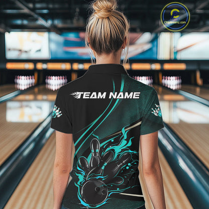 Custom Black And Blue Fire Flame Bowling Team Women Polo Shirts, Bowling Jerseys IPHW9419