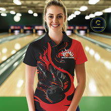 Load image into Gallery viewer, Custom Black And Red Flame Bowling Polo Shirts For Women, Bowling Tournament Team Uniform IPHW9245