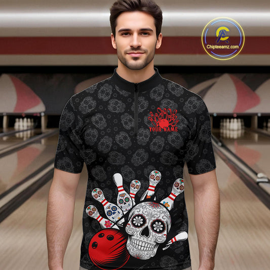 Custom Black And Red Sugar Skull Bowling Team Quarter-Zip Shirts For Men, Bowling League Shirt IPHW9251