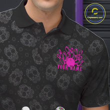 Load image into Gallery viewer, Custom Black And Pink Sugar Skull Bowling Team Polo Shirts For Men, Bowling League Shirt IPHW9252