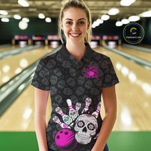 Load image into Gallery viewer, Custom Black And Pink Sugar Skull Bowling Team Polo Shirt For Women, Bowling League Shirt IPHW9252