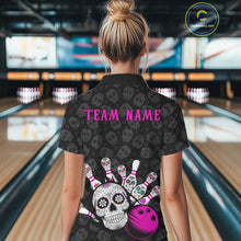 Load image into Gallery viewer, Custom Black And Pink Sugar Skull Bowling Team Polo Shirt For Women, Bowling League Shirt IPHW9252