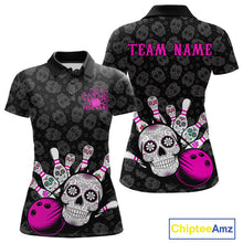 Load image into Gallery viewer, Custom Black And Pink Sugar Skull Bowling Team Polo Shirt For Women, Bowling League Shirt IPHW9252