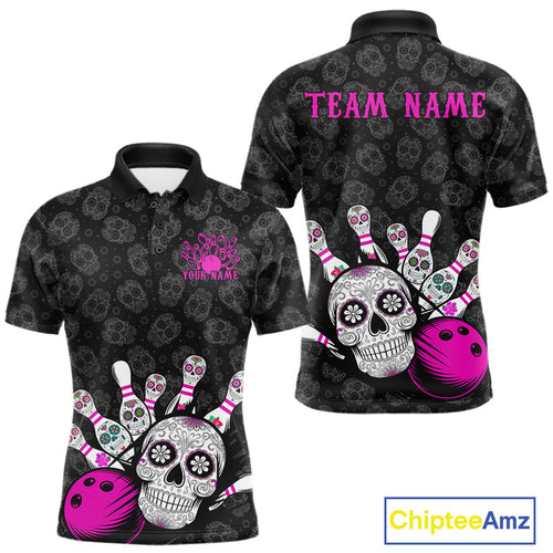 Custom Black And Pink Sugar Skull Bowling Team Polo Shirts For Men, Bowling League Shirt IPHW9252
