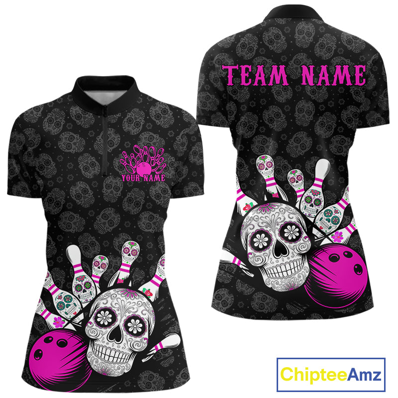 Custom Black And Pink Sugar Skull Bowling Women Quarter-Zip Shirt, Bowling League Shirt IPHW9252
