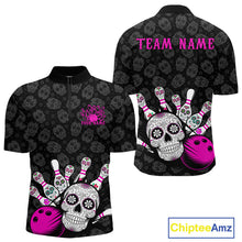 Load image into Gallery viewer, Custom Black And Pink Sugar Skull Bowling Team Quarter-Zip Shirts For Men, Bowling League Shirt IPHW9252
