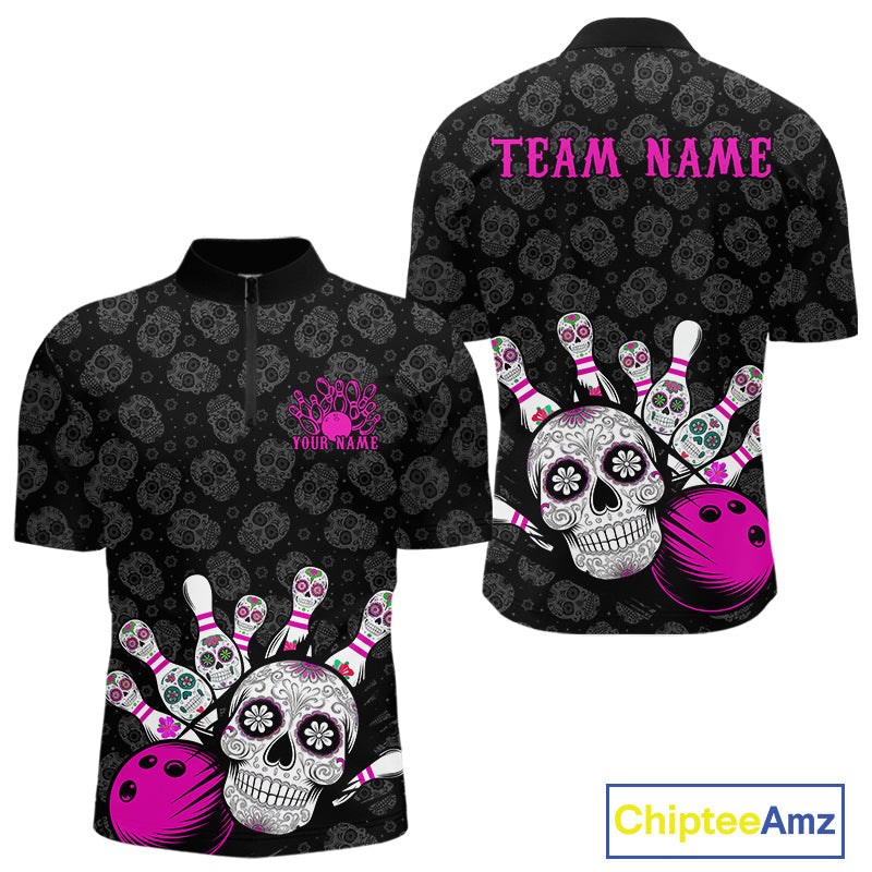 Custom Black And Pink Sugar Skull Bowling Team Quarter-Zip Shirts For Men, Bowling League Shirt IPHW9252