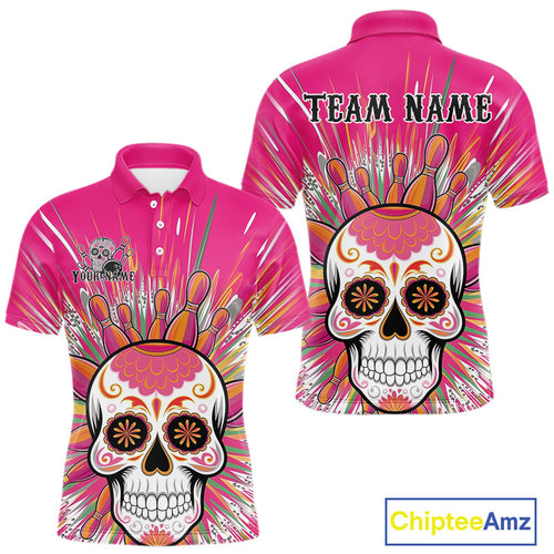 Custom Pink Sugar Skull Bowling Team Polo Shirts For Men, Halloween Bowlers Outfit IPHW9254
