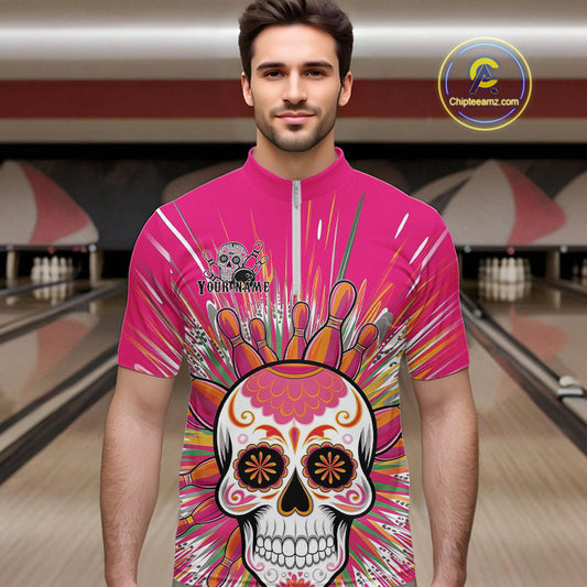 Custom Pink Sugar Skull Bowling Team Quarter-Zip Shirts For Men, Halloween Bowlers Outfit IPHW9254