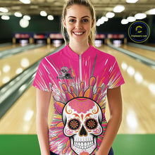Load image into Gallery viewer, Custom Pink Sugar Skull Bowling Team Women Quarter-Zip Shirt, Halloween Bowlers Outfit IPHW9254