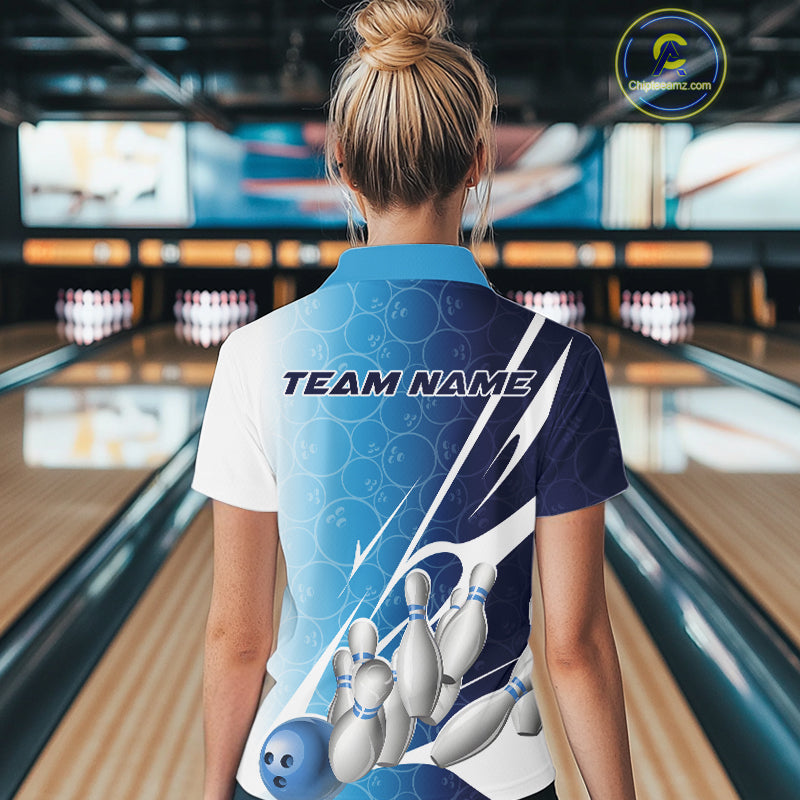 Custom Blue Bowling Pattern Bowling Team Polo Shirts For Women, Blue Bowling Jerseys IPHW9426