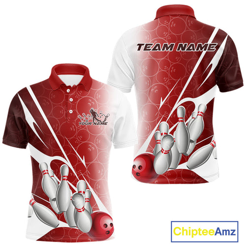 Custom Red Bowling Pattern Bowling Team Polo Shirts For Men, Red Bowling Jerseys IPHW9427
